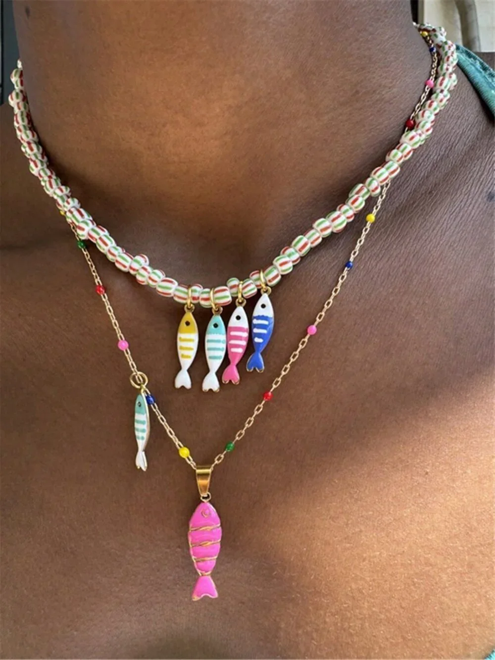 Boho Women's Colorful Fish Pendant Beaded  Chain Necklace